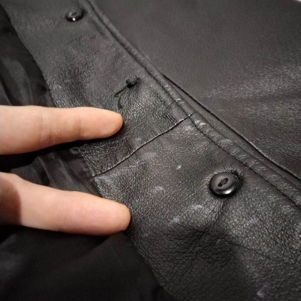 VTG C&A Jacket Women 14 Black Nappa Leather Trench Coat Long Leg Slit Steampunk - Picture 15 of 16